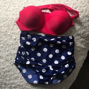 High waist 2 piece Navy and Pink Swimsuit